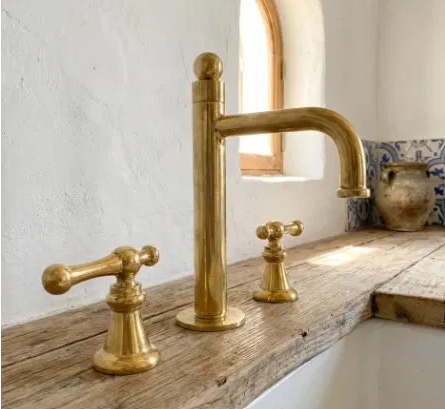 Unlacquered Brass Tall Spout Widespread Faucet with Lever Handles